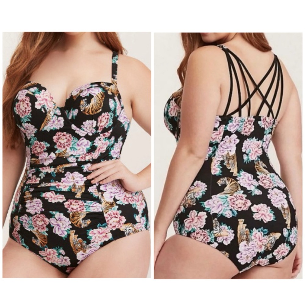 Torrid Black Tiger Floral Strappy Lattice Back Underwire Swimsuit 3X 22 24 - Picture 15 of 15